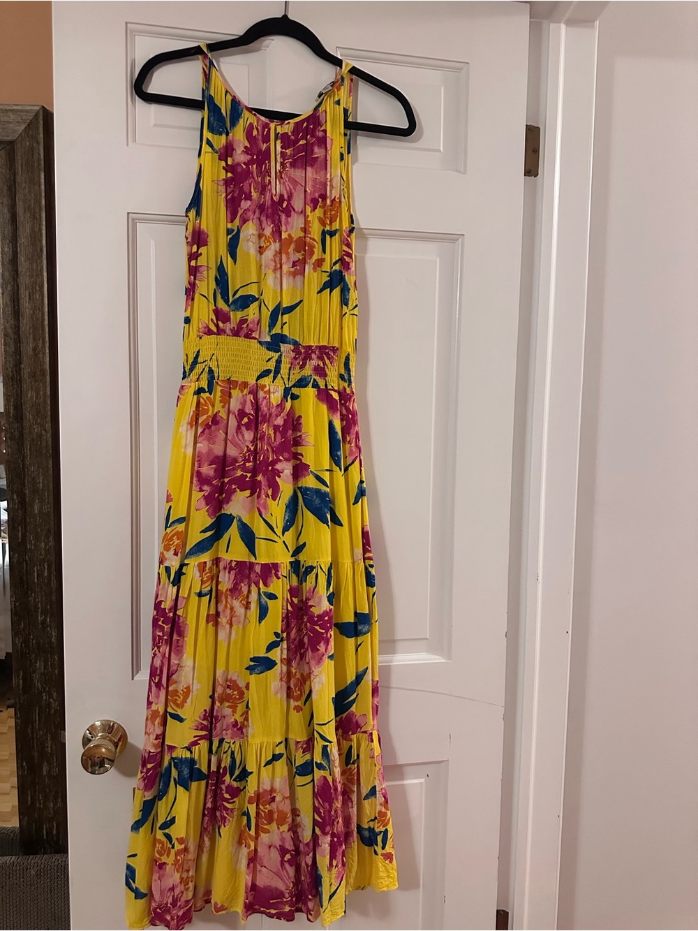 Allison Joy Bright Yellow Maxi Dress with Pink Floral & Blue Leaves